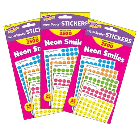 Trend Enterprises Neon Smiles superSpots Stickers Variety Pack, 2500 Per Pack, PK3 T1942